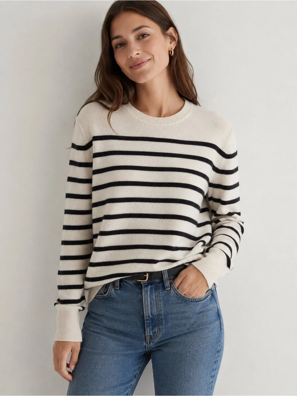 Quince 100% Mongolian Cashmere Crewneck Sweater Ivory Black Stripe Women’s L - Picture 2 of 7
